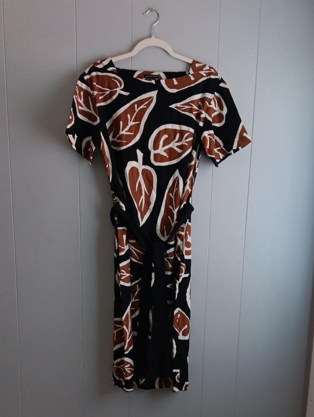 Who What Wear Black & Brown Leaf Print Linen Midi Dress Size XS